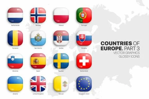 European Countries Flags Vector 3D Glossy Icons Set On White Background Part 3 イラスト素材