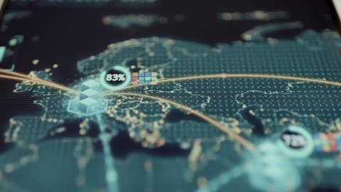 European data center node on a global route map cycles through visible Stock Photos