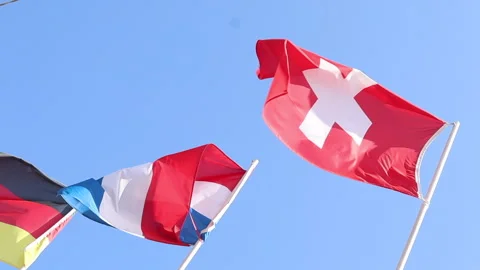 European flags flutter against the blue sky Video stock 311925159