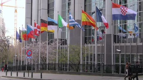 European flags in front of the Europen parlament, Brussels, Belgium Stock Footage