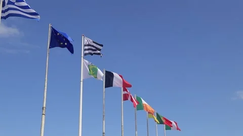 European flags lined up waving in the wind during a blue sky Stock-Footage 168291041