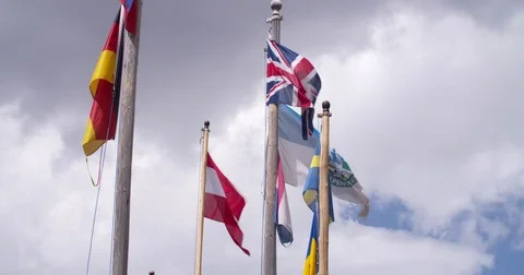European flags on top of Grossglockner Alpine high road, Austria Stock Footage 79900627