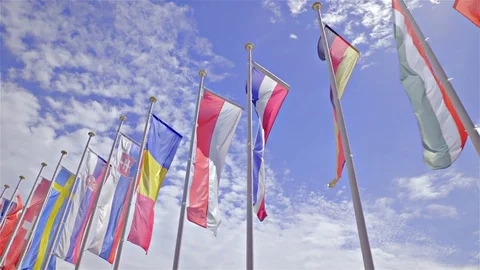 European flags wave in wind dolly slide shot 4K Stock Footage