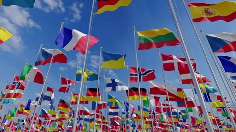 European flags waving in the wind. 3D rendering. Stock Footage 255891391