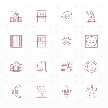 European Grid Fitted Vector Set with 16 128x128 Thin Line Icons Stock Illustration