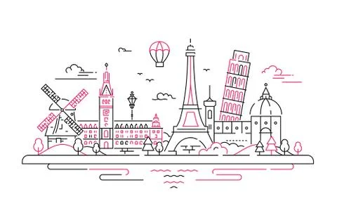 European landmarks flat design composition Illustrazione stock