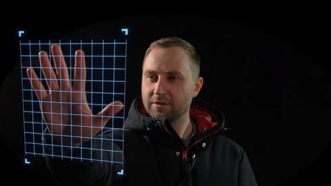 European man is using biometric authentication by screening hand, access denied. Stock Footage 105447982