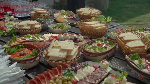 European snacks table served with ham, cheese, bread Video stock 187049540