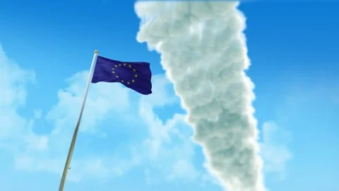 European Union Flag 3D Render Animation on Pole with Fighter Jets Smoke Trai Stock-Footage 333245506