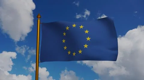 European Union flag 3D Render with flagpole and blue sky, EU Flag of Europe, Stock-Illustration