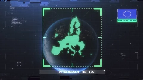 European Union Flag and Map Glitch HUD 4K Stock Footage 343577134
