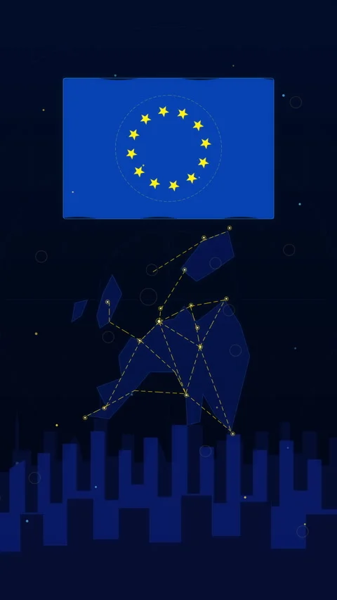 European Union flag animation map night city loop Stock Footage 346542475
