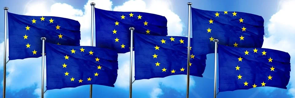 European union flags, 3D rendering, on a cloud background Illustrazione stock