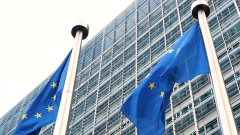 European Union flags waving in the wind in slow motion Stock Footage