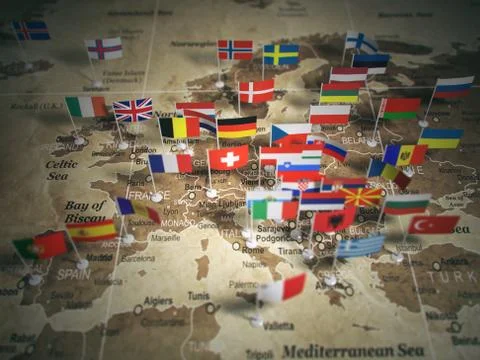 European Union map with flags of countries. Europe. Stock Illustration