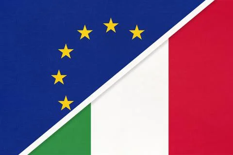 European Union or EU vs Italy national flag from textile. Stock Illustration