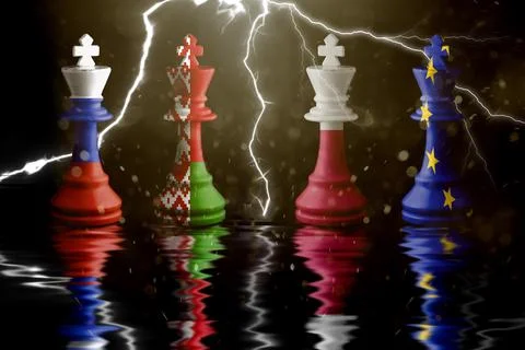 European Union, Poland and Belarus, Russia flags paint over on chess king. 3D Stock Illustration