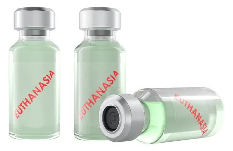 Euthanasia concept. Vials with euthanasia inscription, 3D rendering Illustrazione stock