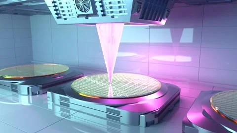 EUV lithography systems with silicon wafers for semiconductor manufacturing 4k f Stock Footage 337395432