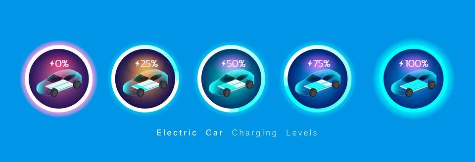 EV Battery Charge Progress Icons, Electric Car Charging Levels 0 to 100 Per.. Stock Illustration