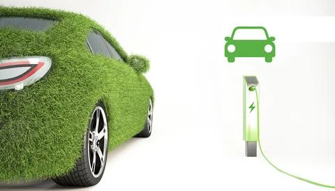 EV car concept 3d render. Electric vehicle covered with realistic grass and.. Stock Illustration