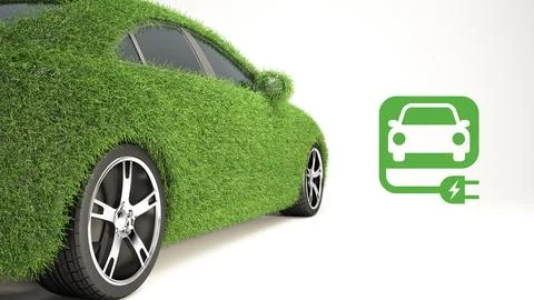 EV car covered with realistic grass isolated on white. Electric vehicle cha.. Illustrazione stock