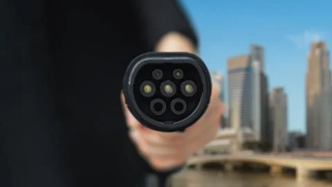 EV charger pointing in front of camera with city background. Peruse Foto stock