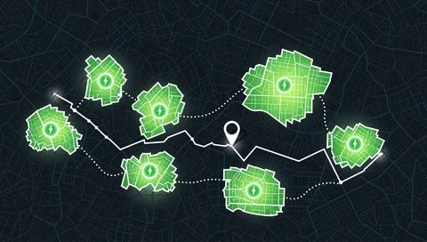 EV charging network map showing green power zones and navigation route on dark Stock Illustration