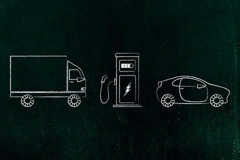 Ev charging station with car and truck, concept of low emission electric ve.. Stock Illustration