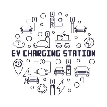 EV charging station round vector illustration in thin line style Stock Illustration