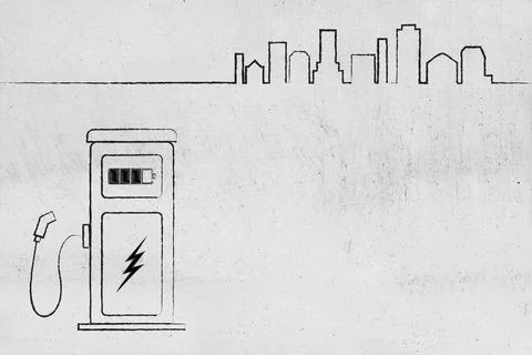 Ev charging station with skyline, concept of low emission electric vehicles Stock Illustration