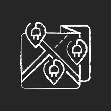 EV charging stations map or network chalk white icon on black background Stock Illustration