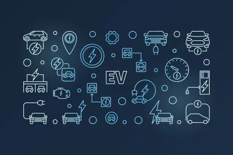 EV creative outline banner - vector electric vehicle illustratio Stock Illustration