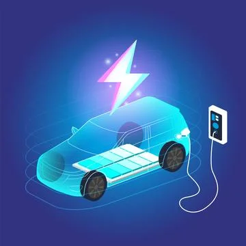 EV Electric car connected to home charging station on blue background. Eco .. Stock Illustration