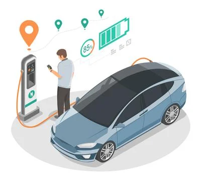 EV Electric Car stop at Charging Station Concept 스톡 일러스트