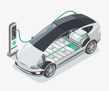 EV Electric Car stop at Charging Station isometric isolated vector Stock Illustration