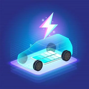 EV Electric SUV car connect to charging station on blue background. Eco pow.. Stock Illustration