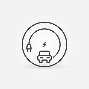 EV - Electric Vehicle with plug thin line concept round icon Stock Illustration