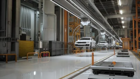 Ev Production Line On Advanced Automated Bright Factory Stockbeeldmateriaal 277380657