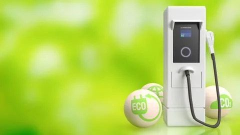Ev station on Green Bokeh  background for Technology concept 3d rendering Stock Illustration