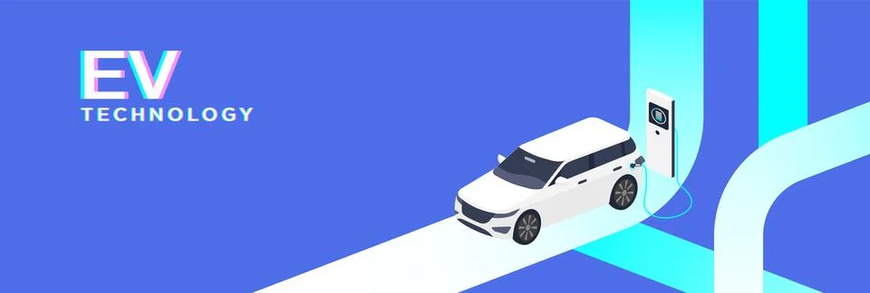 EV Technology concept featuring a white electric SUV charging at a modern s.. Stock Illustration