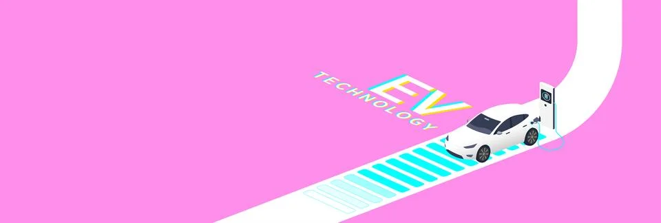 EV Technology concept featuring a white electric vehicle charging at a stat.. Stock Illustration