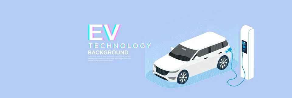EV Technology concept with a white electric SUV charging at a station, set .. Stock Illustration