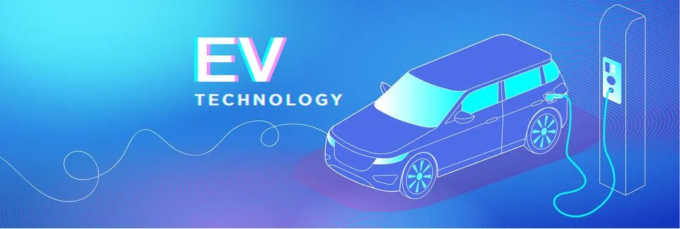 EV Technology illustration featuring a modern electric vehicle charging at .. Stock Illustration