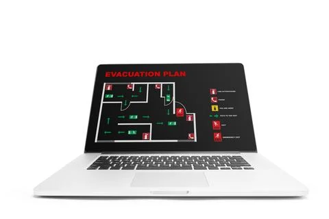 Evacuation plan displayed on a laptop for emergency 911 situations in a Stock Photos