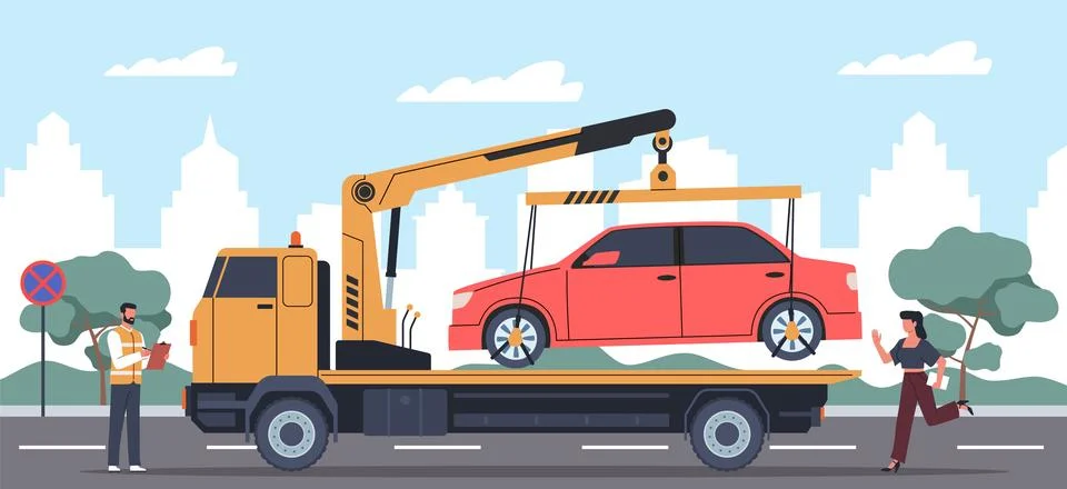 Evacuation service picks up car. Illegal parking, woman rushes to scene Stock Illustration