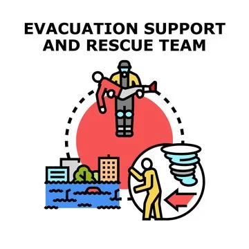 Evacuation support and rescue team assisting flood residents Stock Illustration