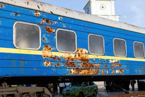 Evacuation train demaged during the full scale war in Ukraine Stock Photos