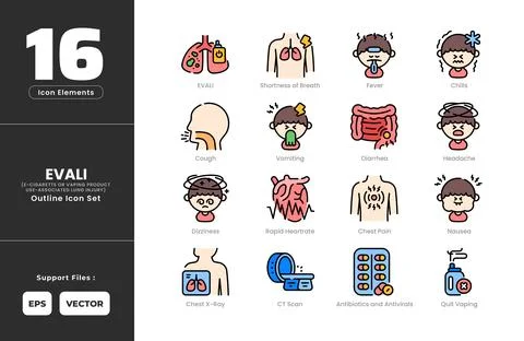 EVALI Symptoms Icon Set Collection - Outline Line Art Style. Containing Vom.. Stock Illustration