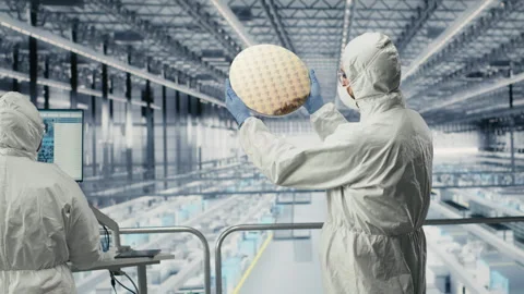 Evaluating silicon wafer prototype, engineering and team analyzing microchips Stock Footage 333378510